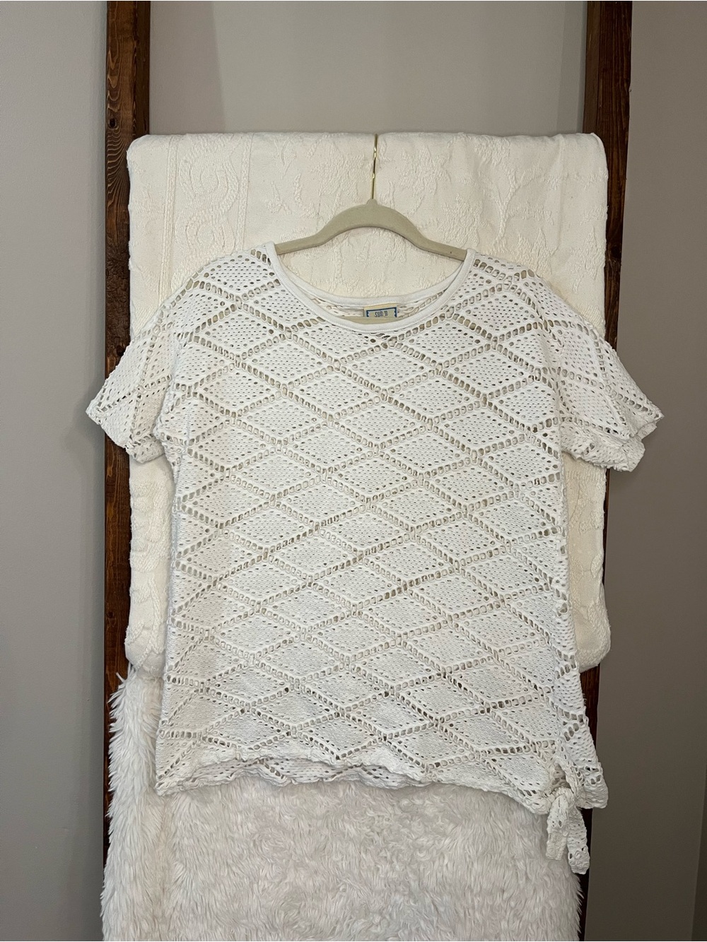 Sun & Surf White Diamond Open Knit Tie-Front Top Boho One Size